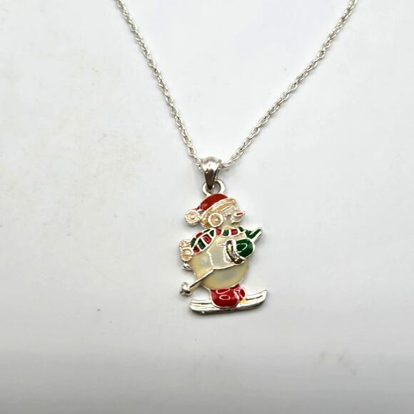 Snowman Skiing Necklace Christmas Holiday Pendant Silver Enamel Chain Gift Jewel - Picture 1 of 5
